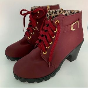 NEW Heeled Booties Size 8 Burgundy w/Leopard Print